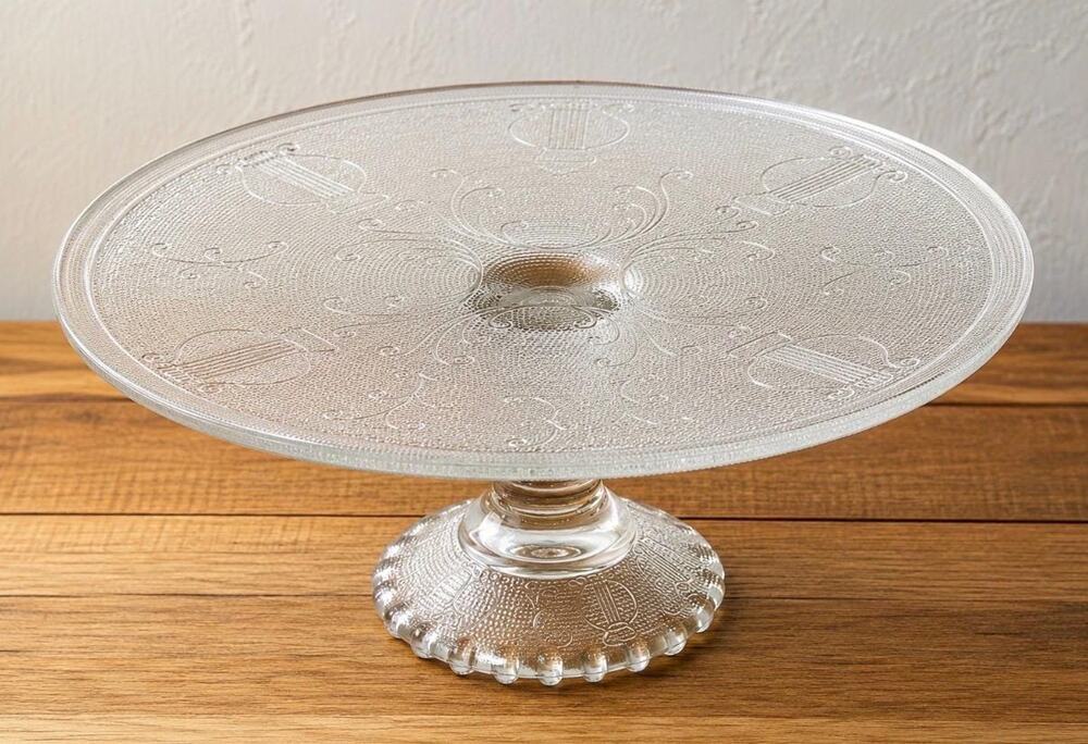 Vintage Jeannette Harp Lyre Cake Stand | Mid Century Pressed Glass Dessert